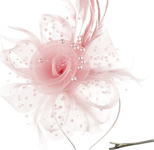Load image into Gallery viewer, Mesh Flower Ribbon Fascinator with Feather Headband Clip(Hot Pink)