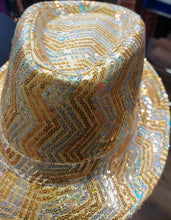 Load image into Gallery viewer, Gold Sequined Chevron Pattern Fedora Hat
