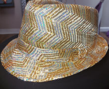 Load image into Gallery viewer, Gold Sequined Chevron Pattern Fedora Hat
